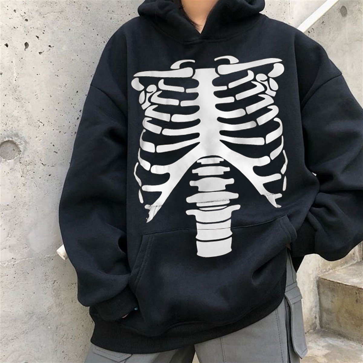 Touz Harujuku Skeleton Siyah Kapüşonlu Sweetshirt