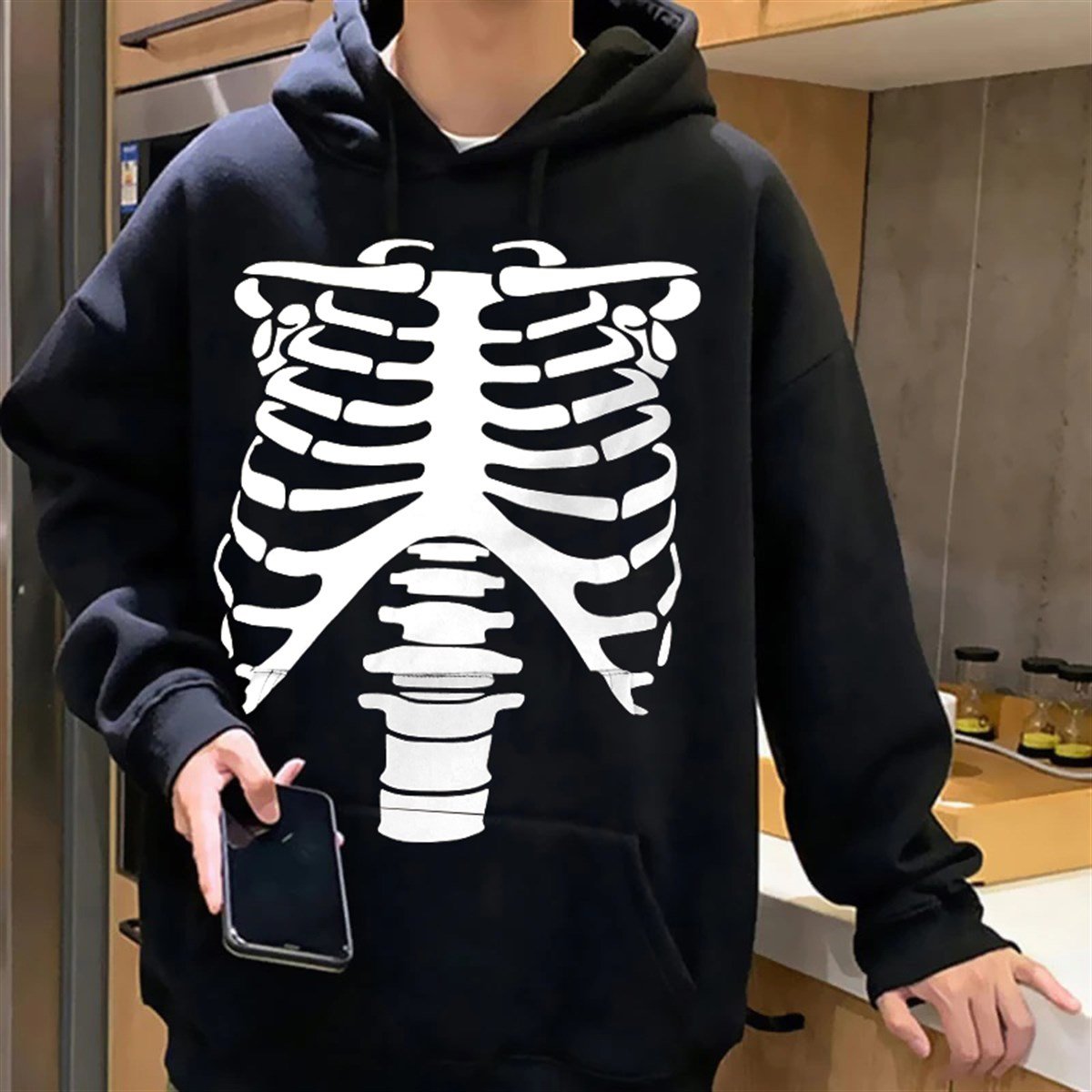 Touz Harujuku Skeleton Siyah Kapüşonlu Sweetshirt