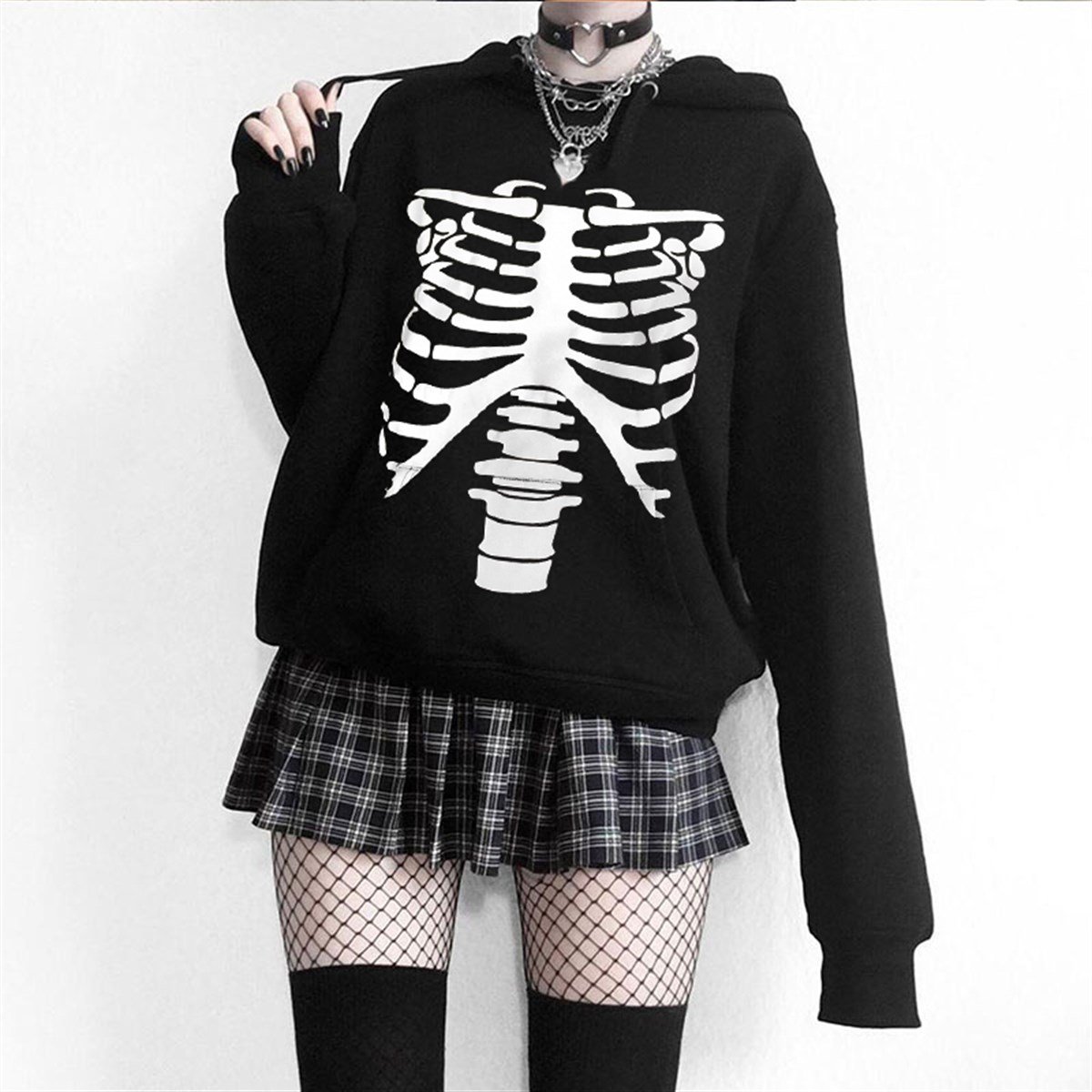 Touz Harujuku Skeleton Siyah Kapüşonlu Sweetshirt