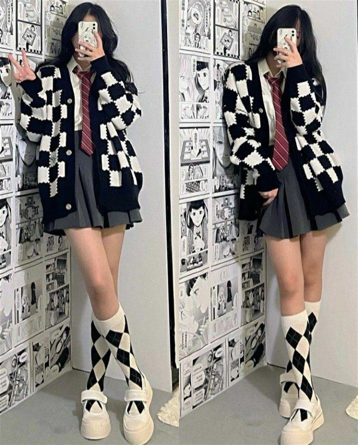 Touz Kawaii Y2K Tarz Sokak Stili  Siyah Beyaz Ekoseli Unisex Hırka