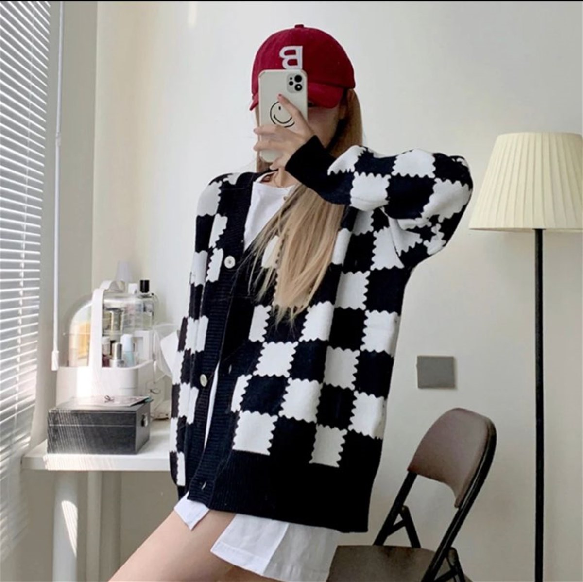 Touz Kawaii Y2K Tarz Sokak Stili  Siyah Beyaz Ekoseli Unisex Hırka