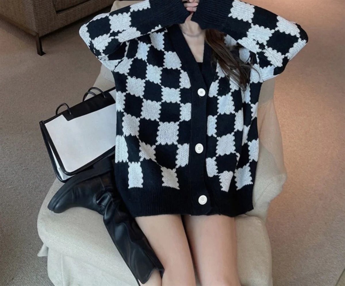 Touz Kawaii Y2K Tarz Sokak Stili  Siyah Beyaz Ekoseli Unisex Hırka