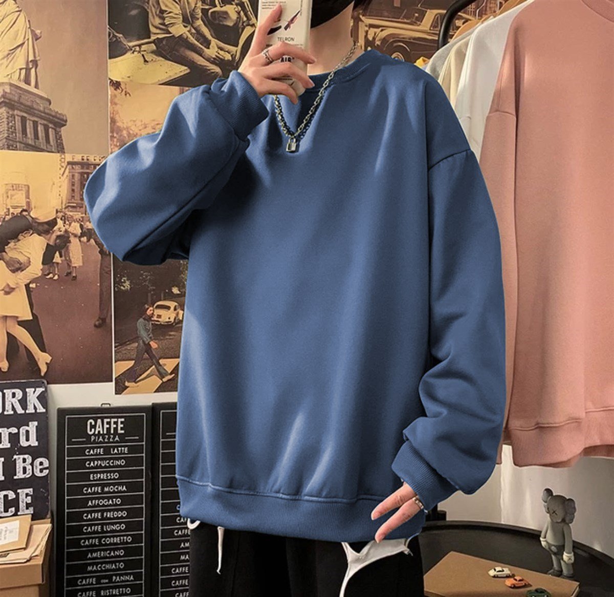 Touz Mavi Bisiklet Yaka Oversize Unisex Sweatshirt