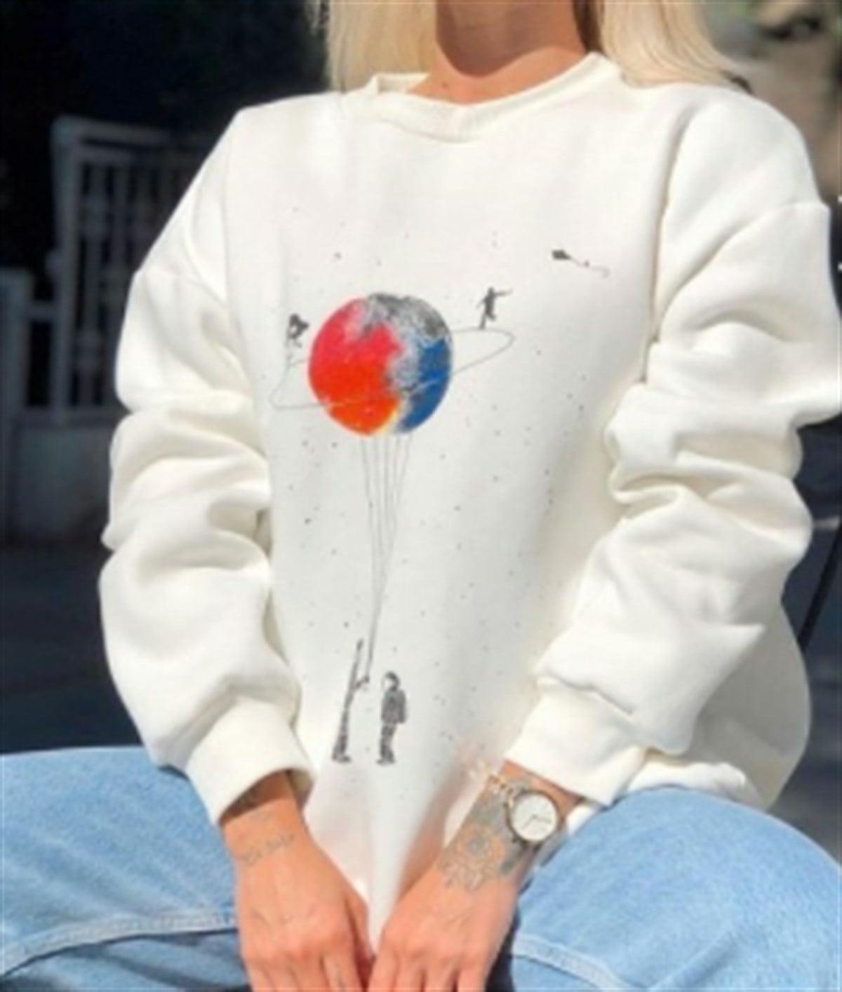 Touz Oversize Saturn Beyaz  Unisex Sweetshirt