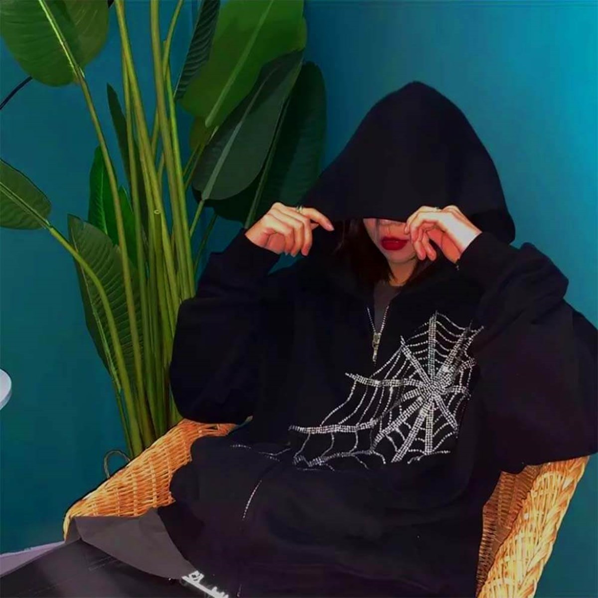 Touz Rhinestone Spider Web Gotik (Unisex) Kapşonlu