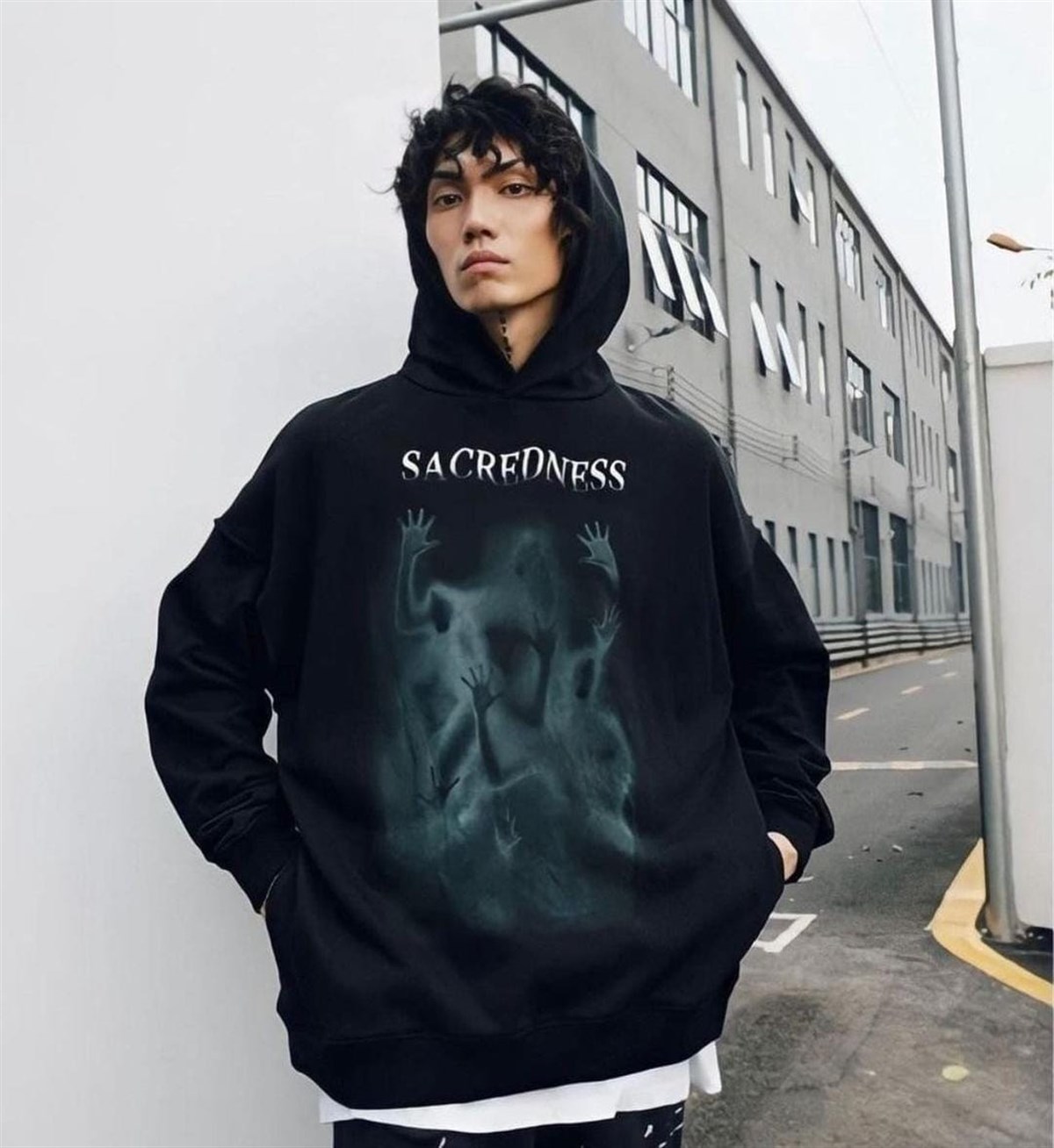 Touz Sokak Tarzı Unisex Gothic SacrednessSiyah Kapşonlu Sweetshirt Hoodie