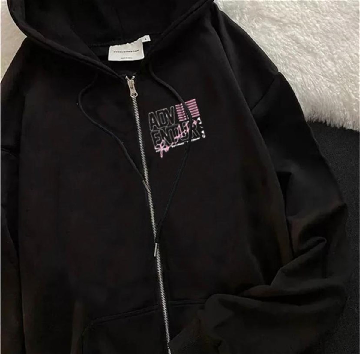 Touz Y2K Los Angelas Unisex Siyah Fermuarlı Hırka