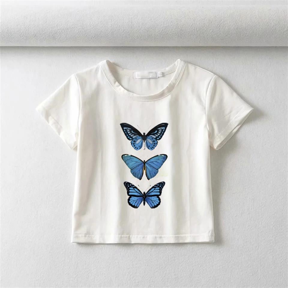 Triple Blue Butterfly Baskılı Beyaz Crop