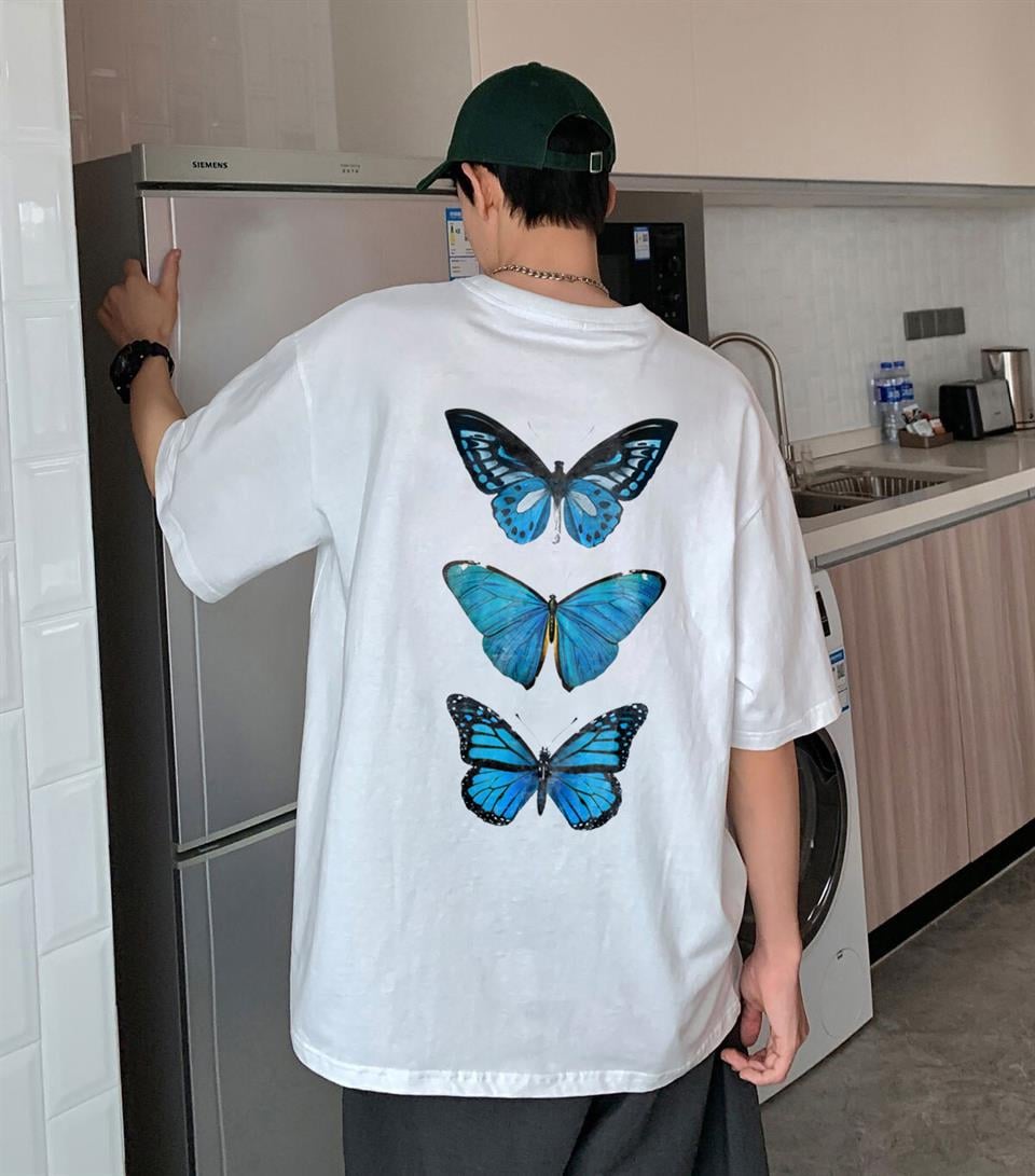 Triple Blue Butterfly Sırt Baskılı Beyaz Unisex Oversize T-shirt