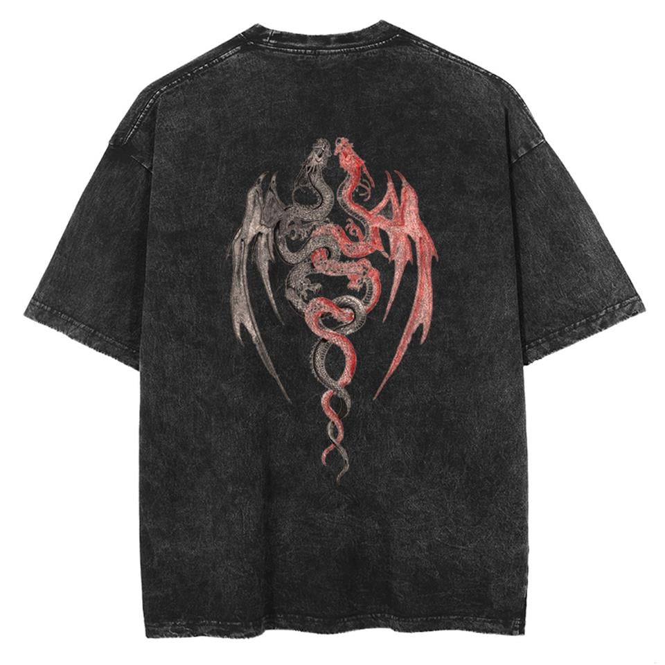 Twin Dragon Sırt Baskılı Unisex Eskitme T-shirt