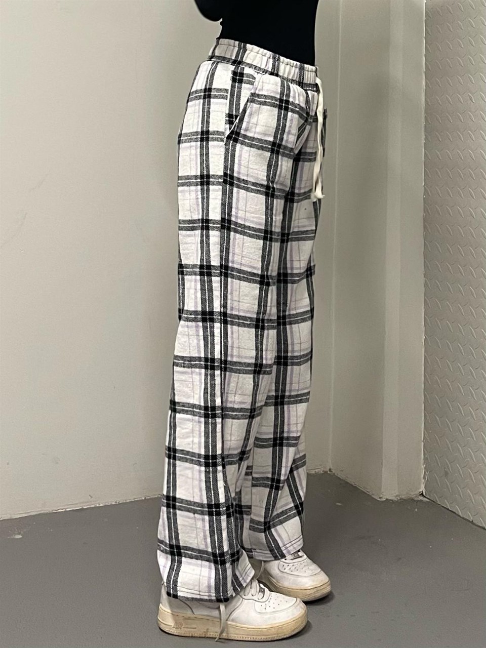 Unisex Ekose Mor Siyah Detaylı Eşofman Altı