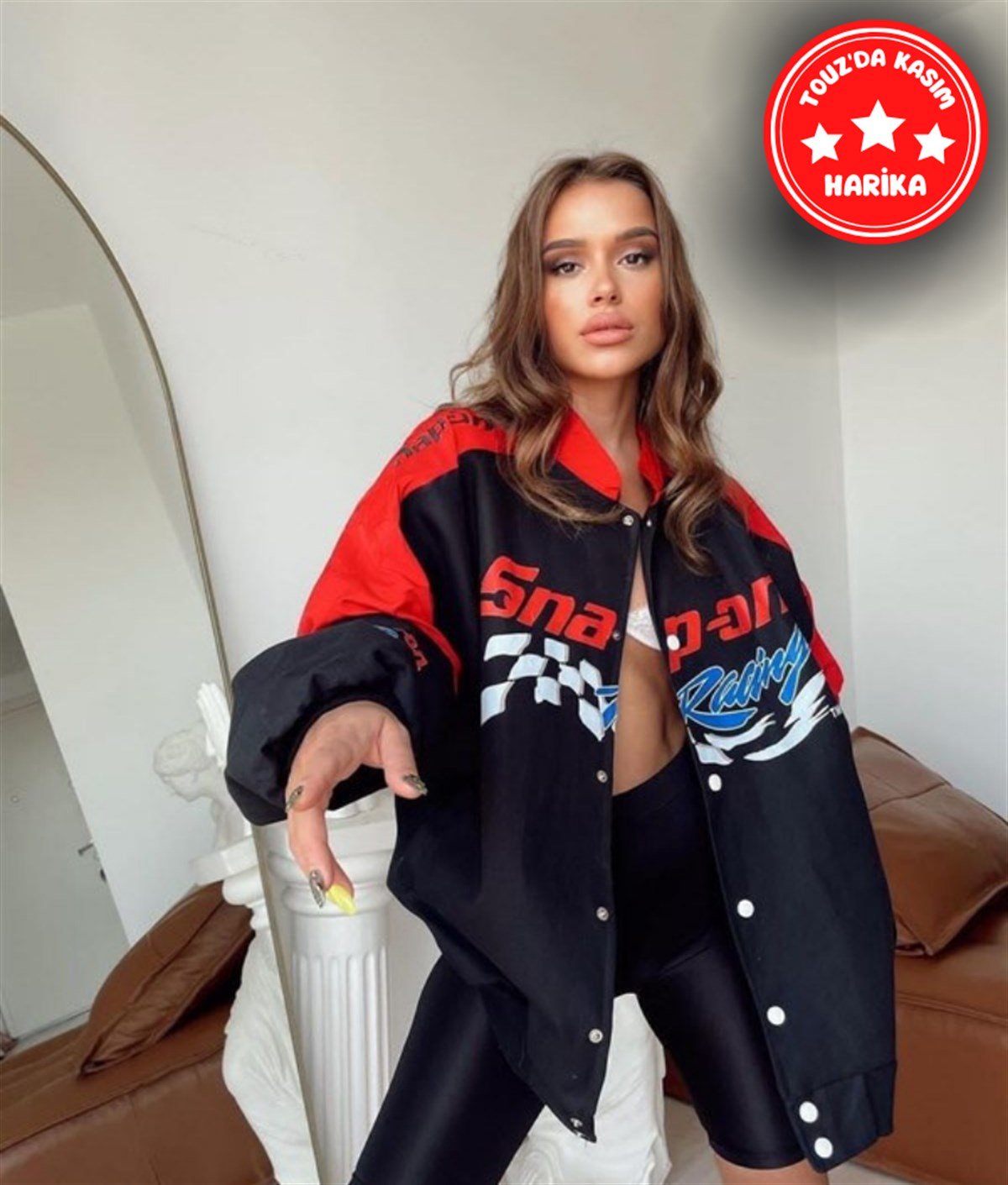 Unisex İçi Astarlı Kırmızı Yarışçı Kot Ceket
