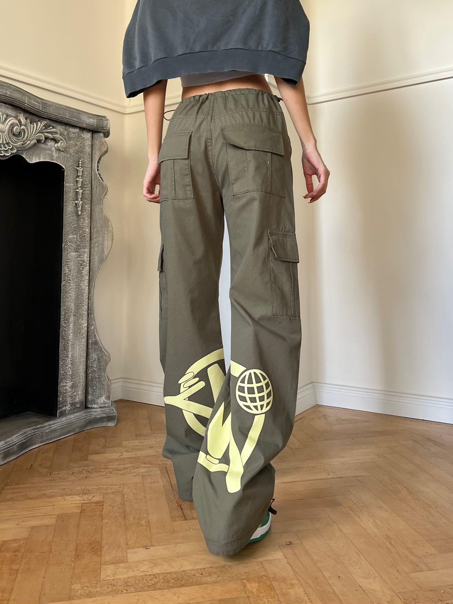 Unisex  Kargo Cepli Lastik Detaylı Haki Krem Baskılı Baggy Jean