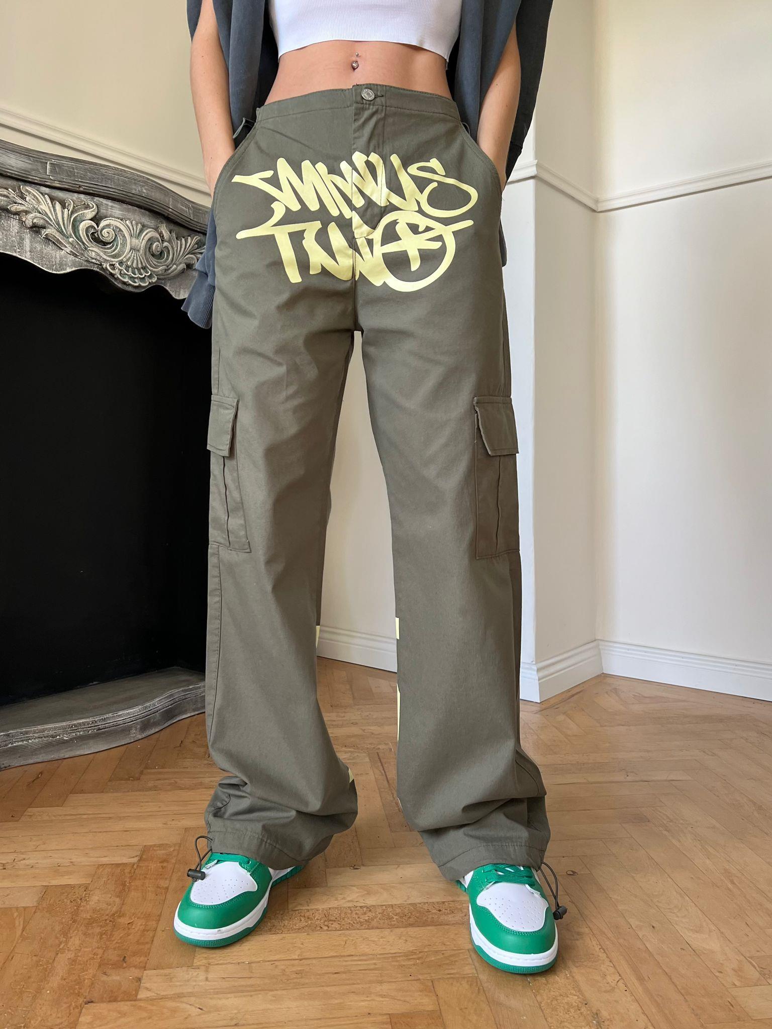 Unisex  Kargo Cepli Lastik Detaylı Haki Krem Baskılı Baggy Jean