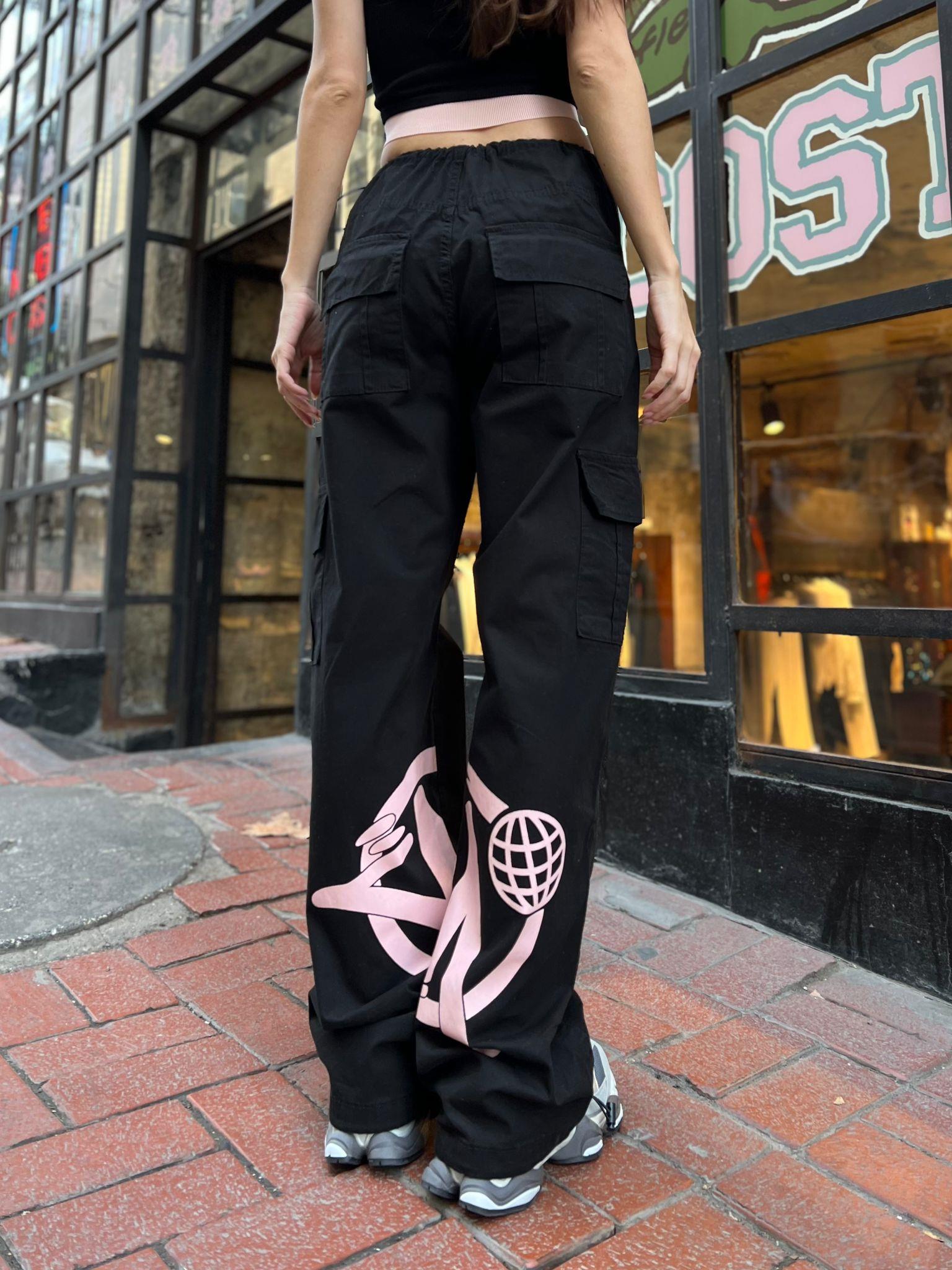 Unisex  Kargo Cepli Lastik Detaylı Siyah Pembe Baskılı Baggy Jean