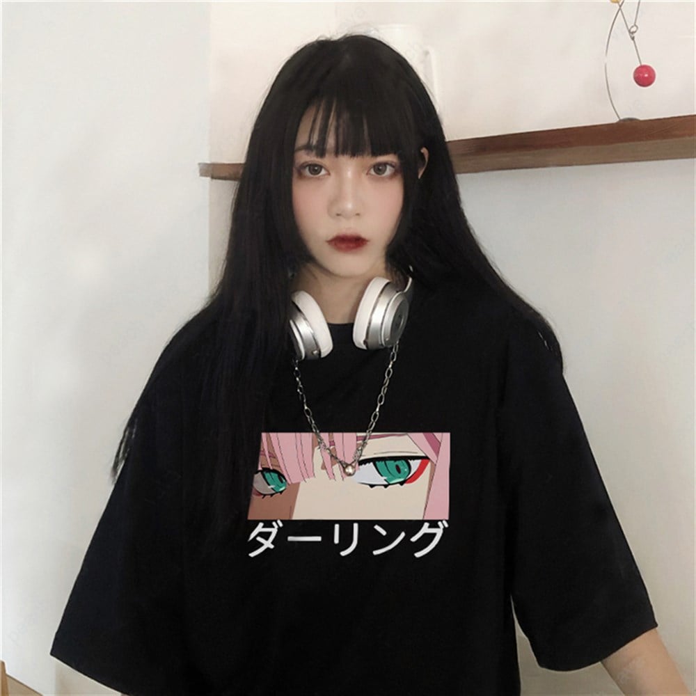 Unisex Siyah Anime Zero Two Eyes T-shirt