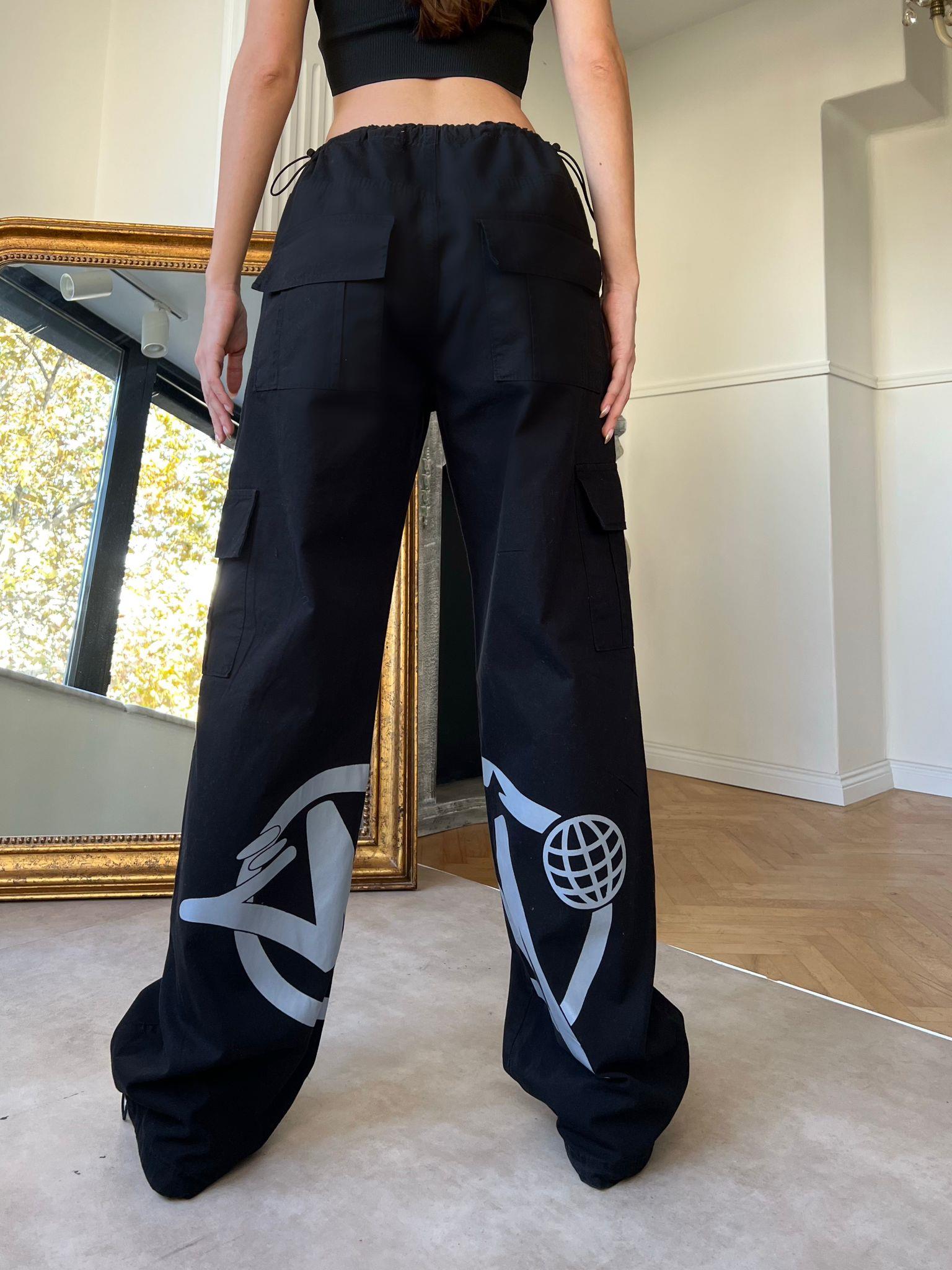 Unisex Siyah Baskılı Baggy Jean