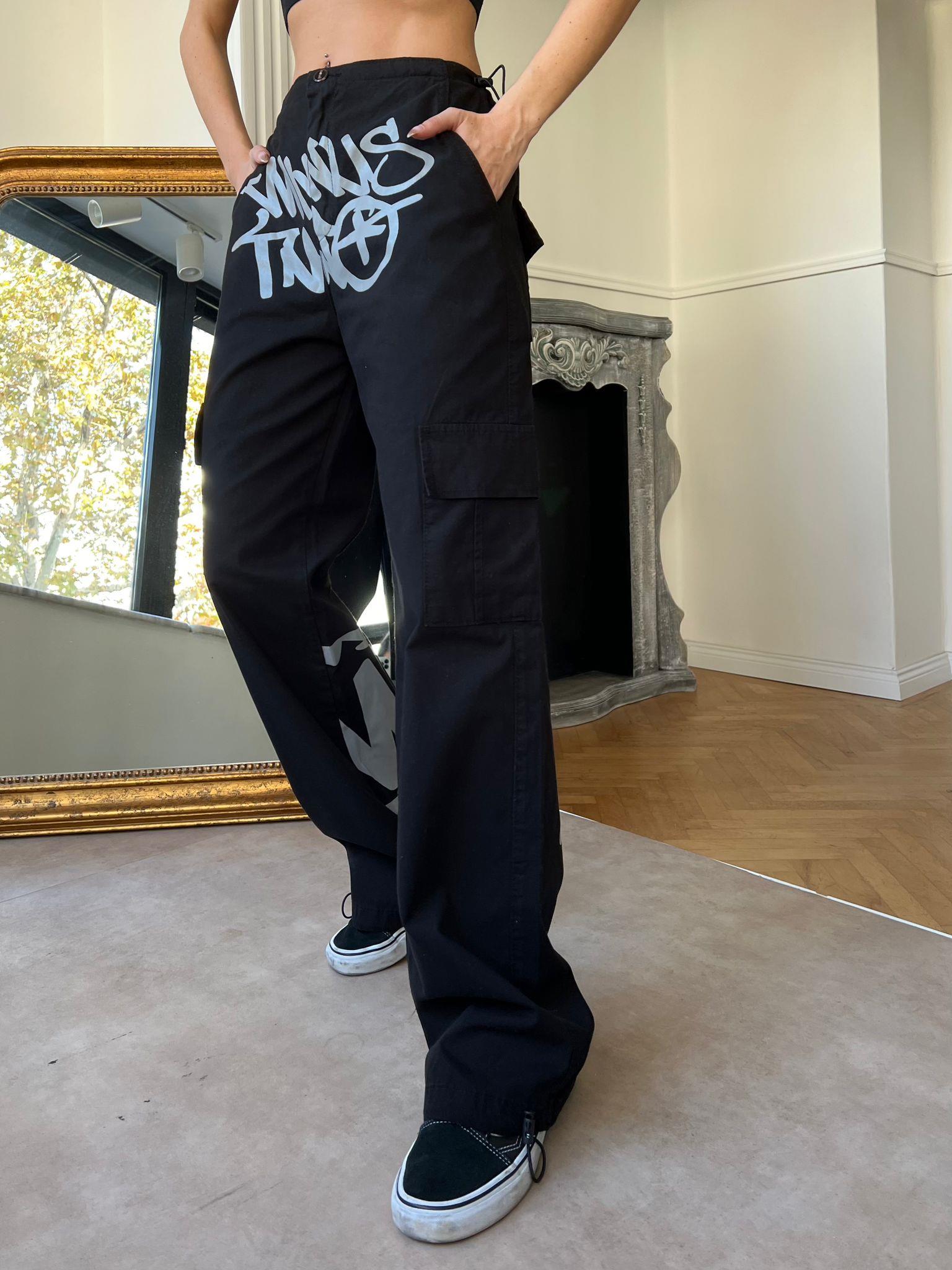 Unisex Siyah Baskılı Baggy Jean
