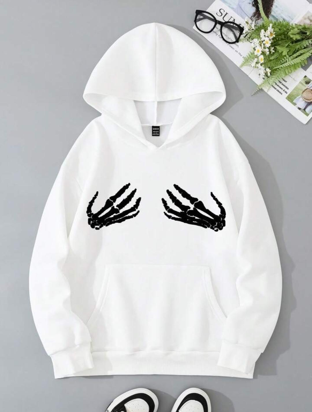 Unisex Skeleton Hand Baskılı Kapşonlu Beyaz Sweatshirt 