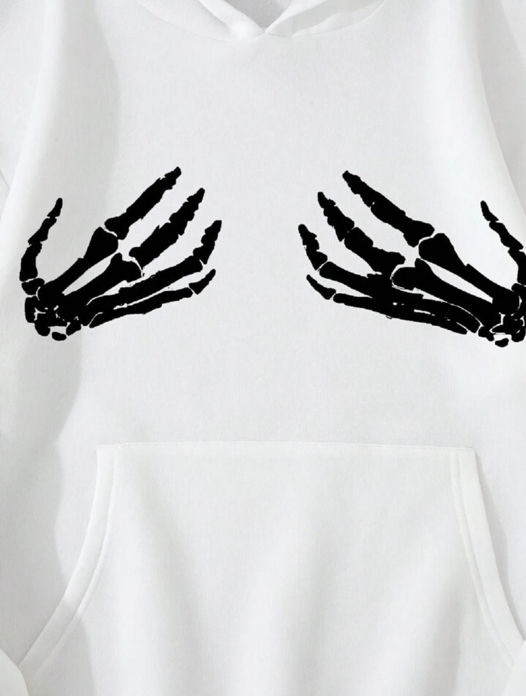 Unisex Skeleton Hand Baskılı Kapşonlu Beyaz Sweatshirt 