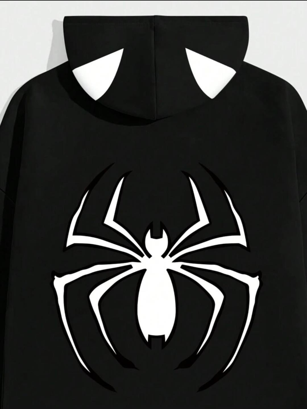 Unisex Spider Baskılı Kapşonlu Siyah Sweatshirt 