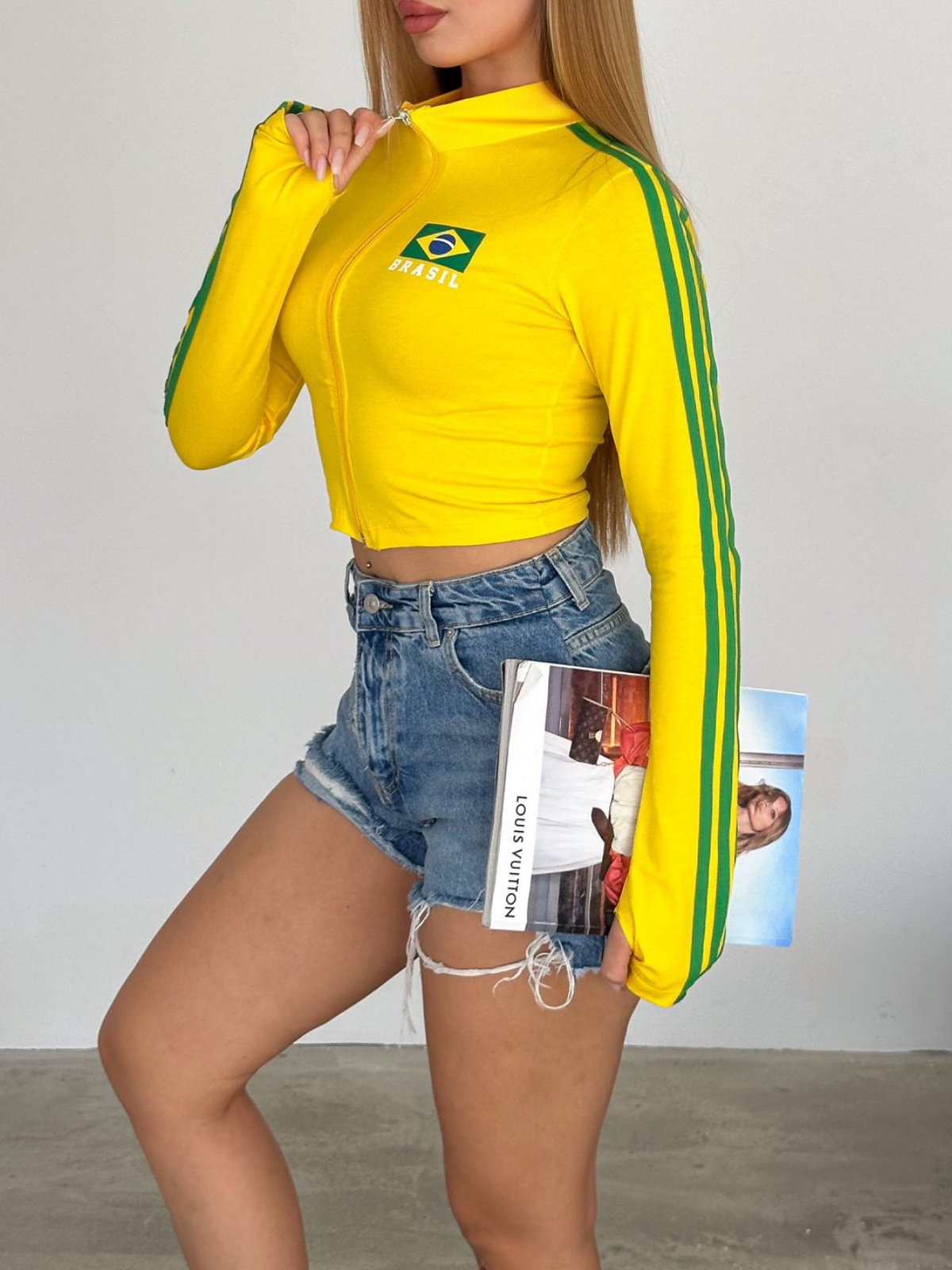 Uzun Kol Brazil Fermuarlı Sarı Bluz Body