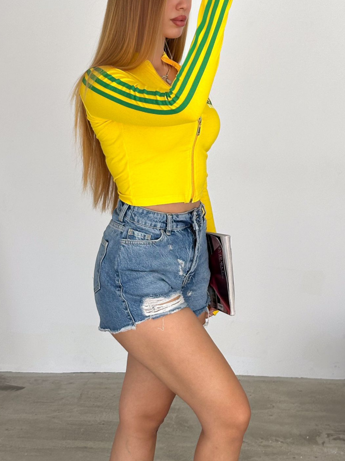 Uzun Kol Brazil Fermuarlı Sarı Bluz Body