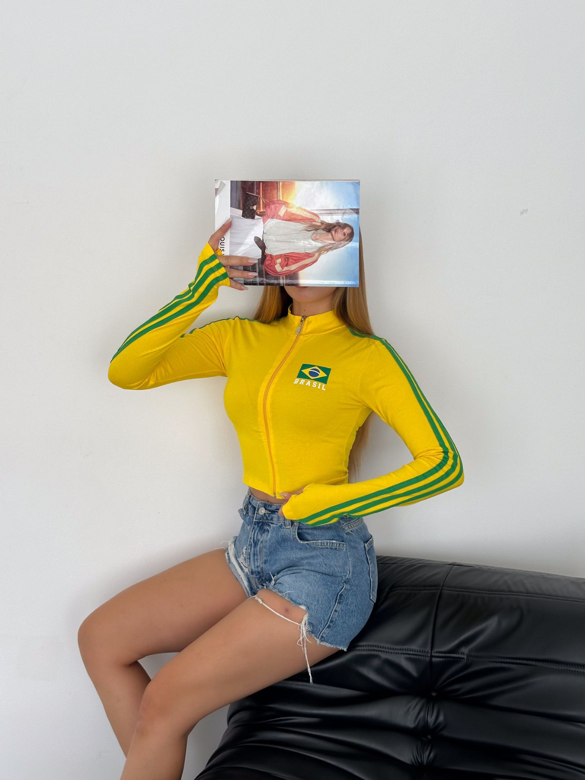 Uzun Kol Brazil Fermuarlı Sarı Bluz Body