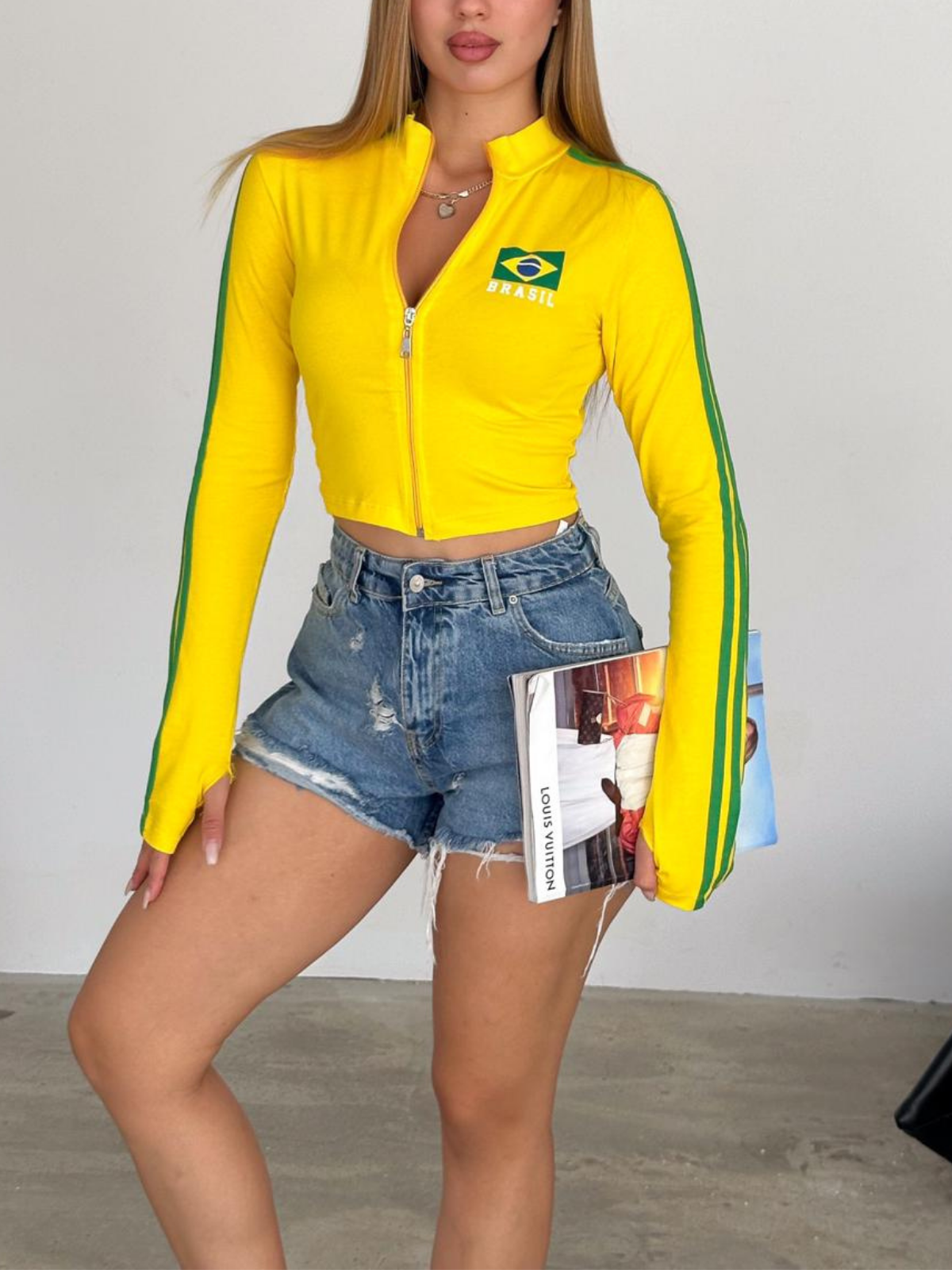 Uzun Kol Brazil Fermuarlı Sarı Bluz Body