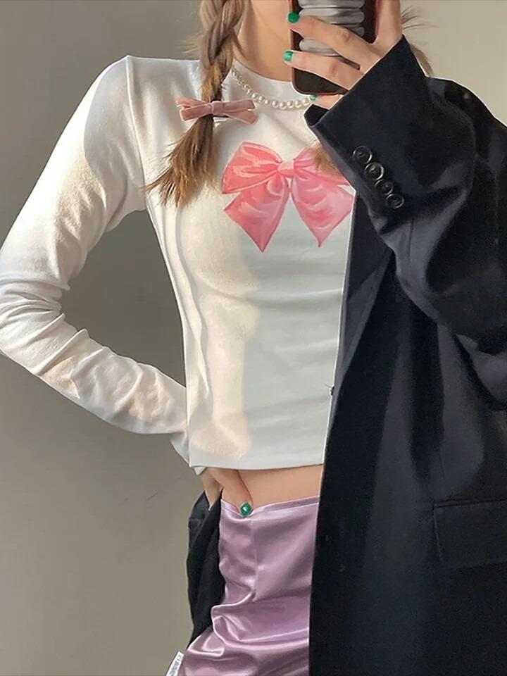 Uzun Kol Ribbon Baskılı Bluz Body
