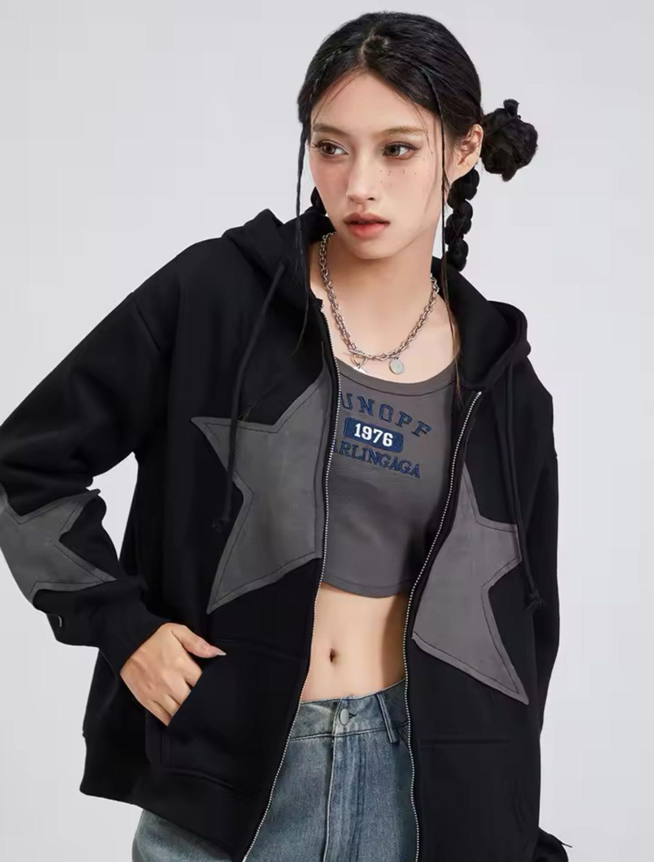 Vintage Star Zip Oversize Fermuarlı Unisex Kapüşonlu Hırka