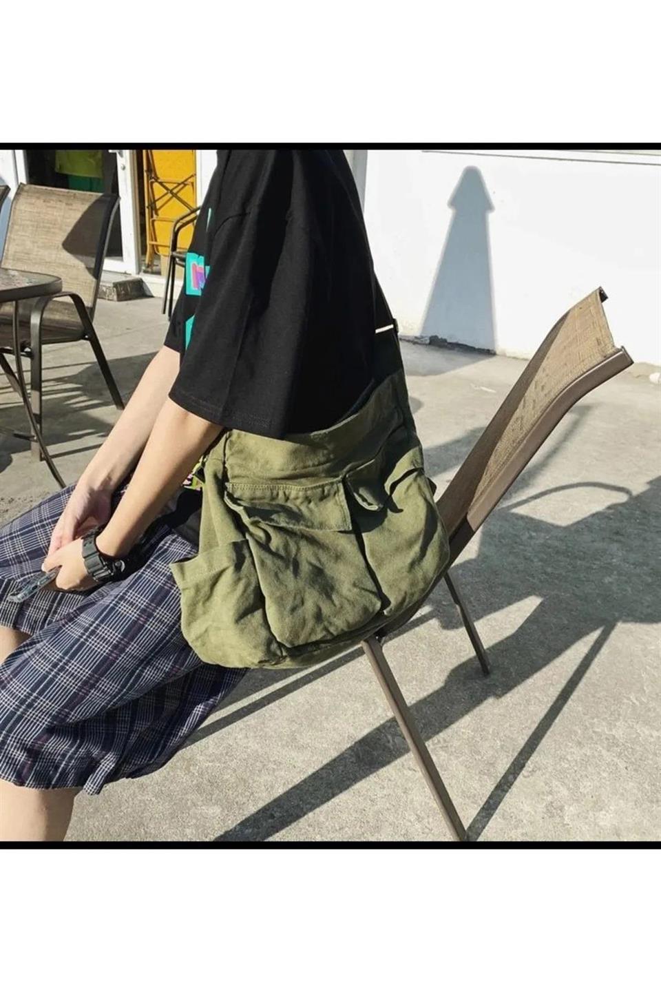 Vintage Unisex Kargo Cep İç Hacmi Geniş Haki Postacı Çanta