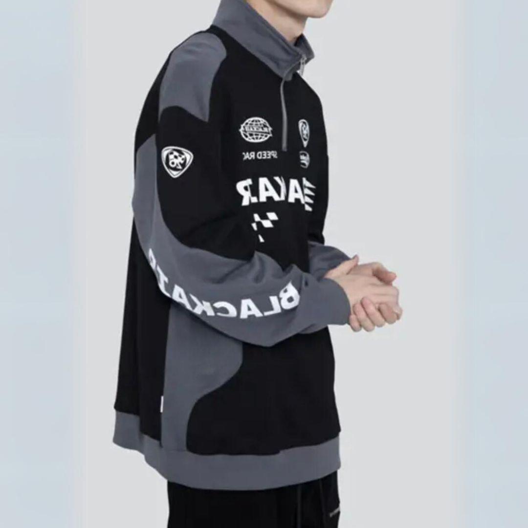 Vintage Yarım Zip Yarışcı Baskılı Siyah Unisex Oversize Sweatshirt