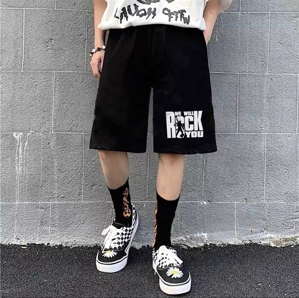 We Will Rock You Baskılı Siyah Unisex Penye Şort