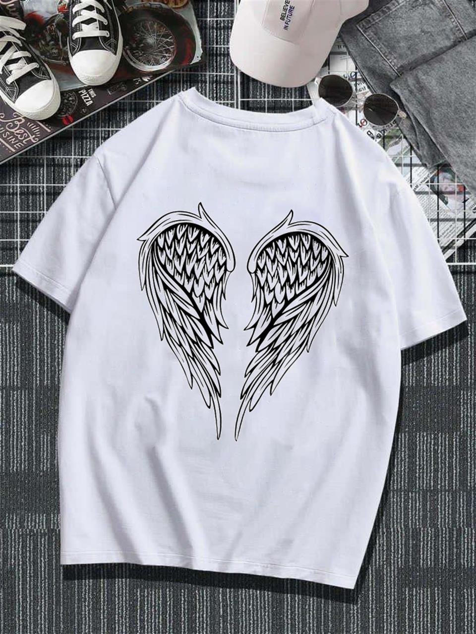 Wing Skeleton Baskılı Beyaz Unisex Oversize T-shirt