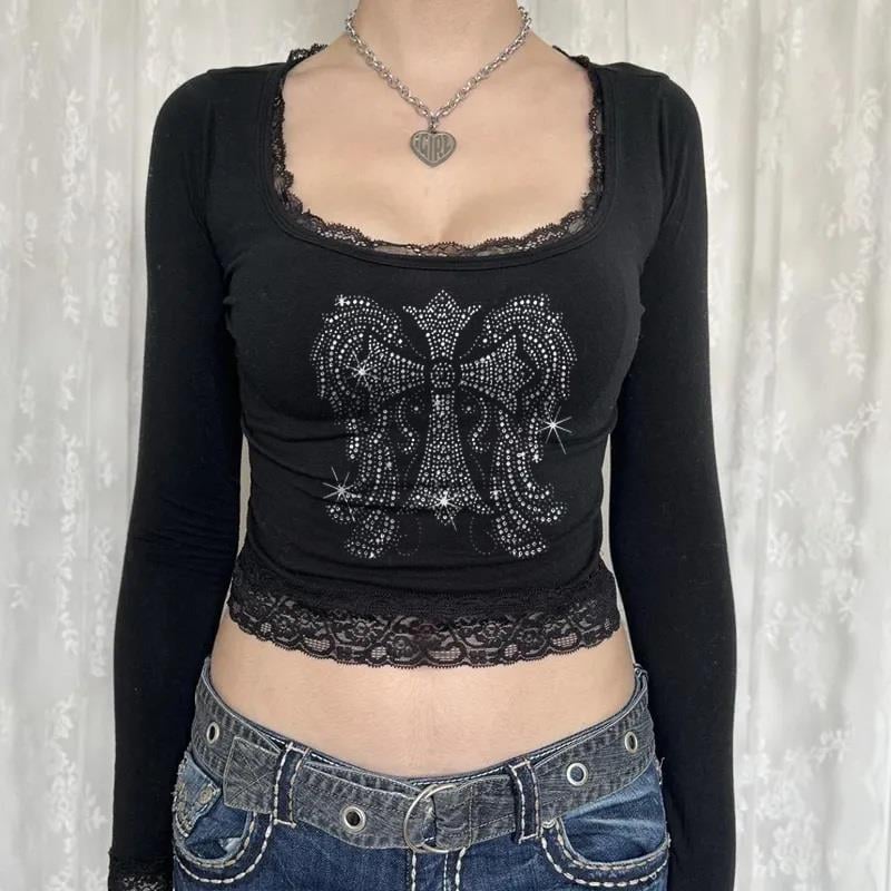 Winged Cross Baskılı Dantel Lace Siyah Uzun Kol Bluz