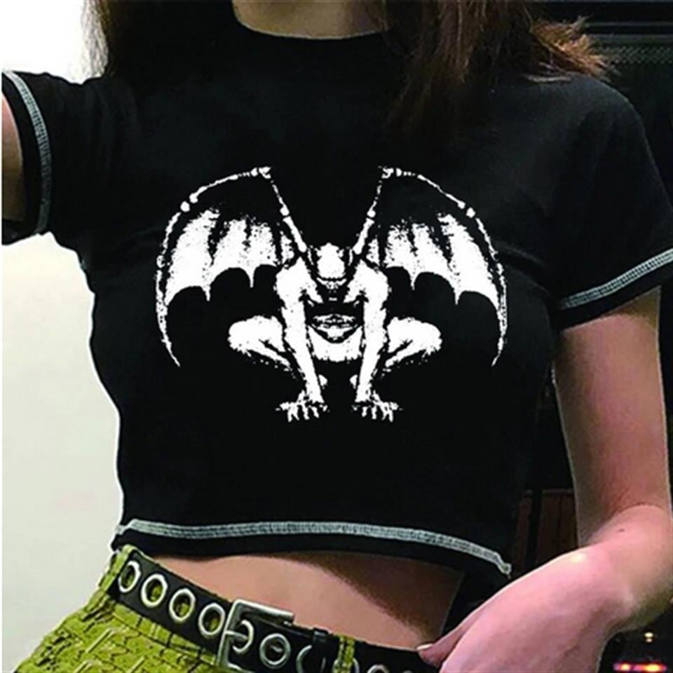 Winged Devil Baskılı Ters Dikiş Siyah Crop
