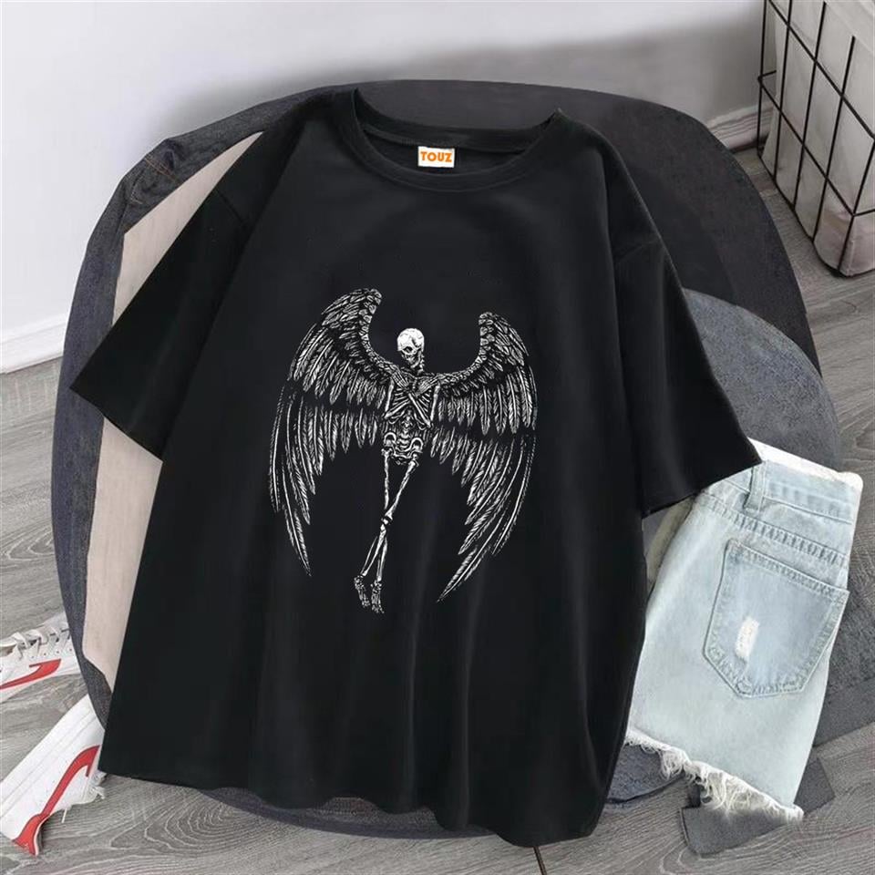 Winged Skeleton Baskılı Siyah Unisex Oversize T-shirt