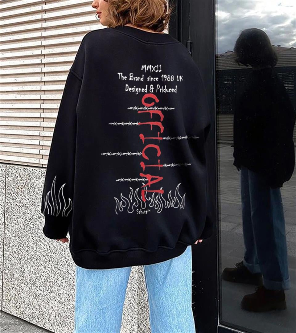World Schott Baskılı Siyah Unisex Oversize Bisiklet Yaka Sweatshirt