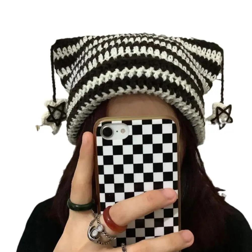 Y2k Cat Design Lacivert Beyaz Star Ponpon Detaylı Bere