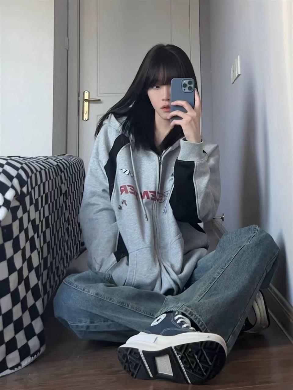 Y2K F422 Center Baskılı Line Detail Oversize Fermuarlı Gri Unisex Kapüşonlu Hırka