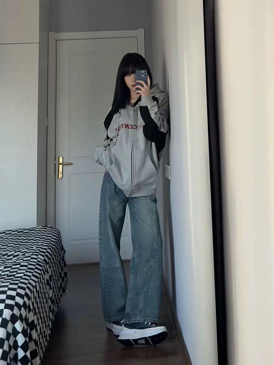 Y2K F422 Center Baskılı Line Detail Oversize Fermuarlı Gri Unisex Kapüşonlu Hırka