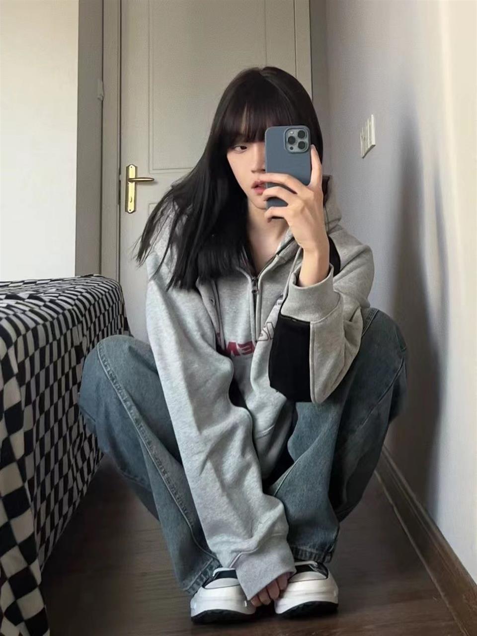 Y2K F422 Center Baskılı Line Detail Oversize Fermuarlı Gri Unisex Kapüşonlu Hırka