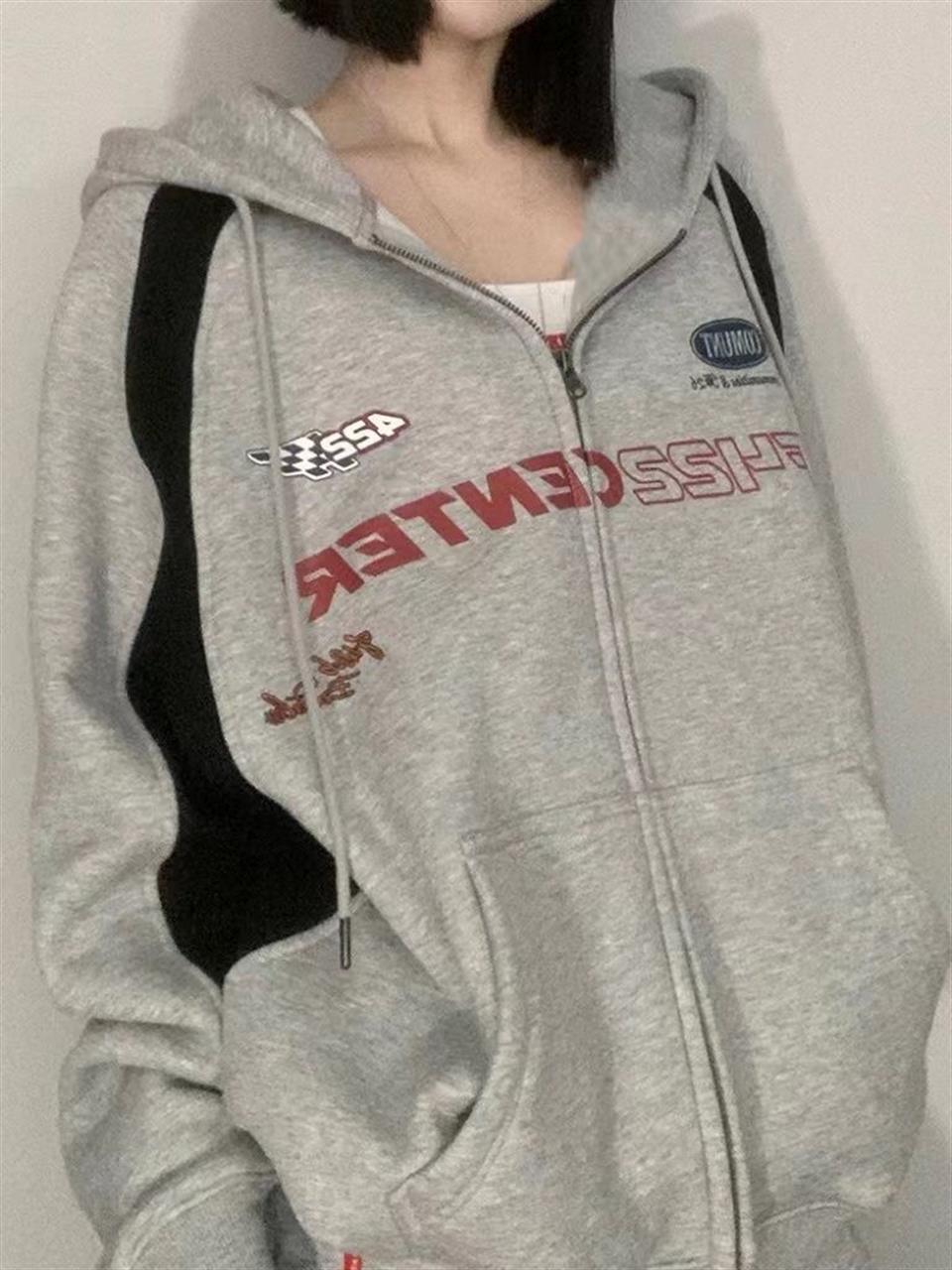 Y2K F422 Center Baskılı Line Detail Oversize Fermuarlı Gri Unisex Kapüşonlu Hırka