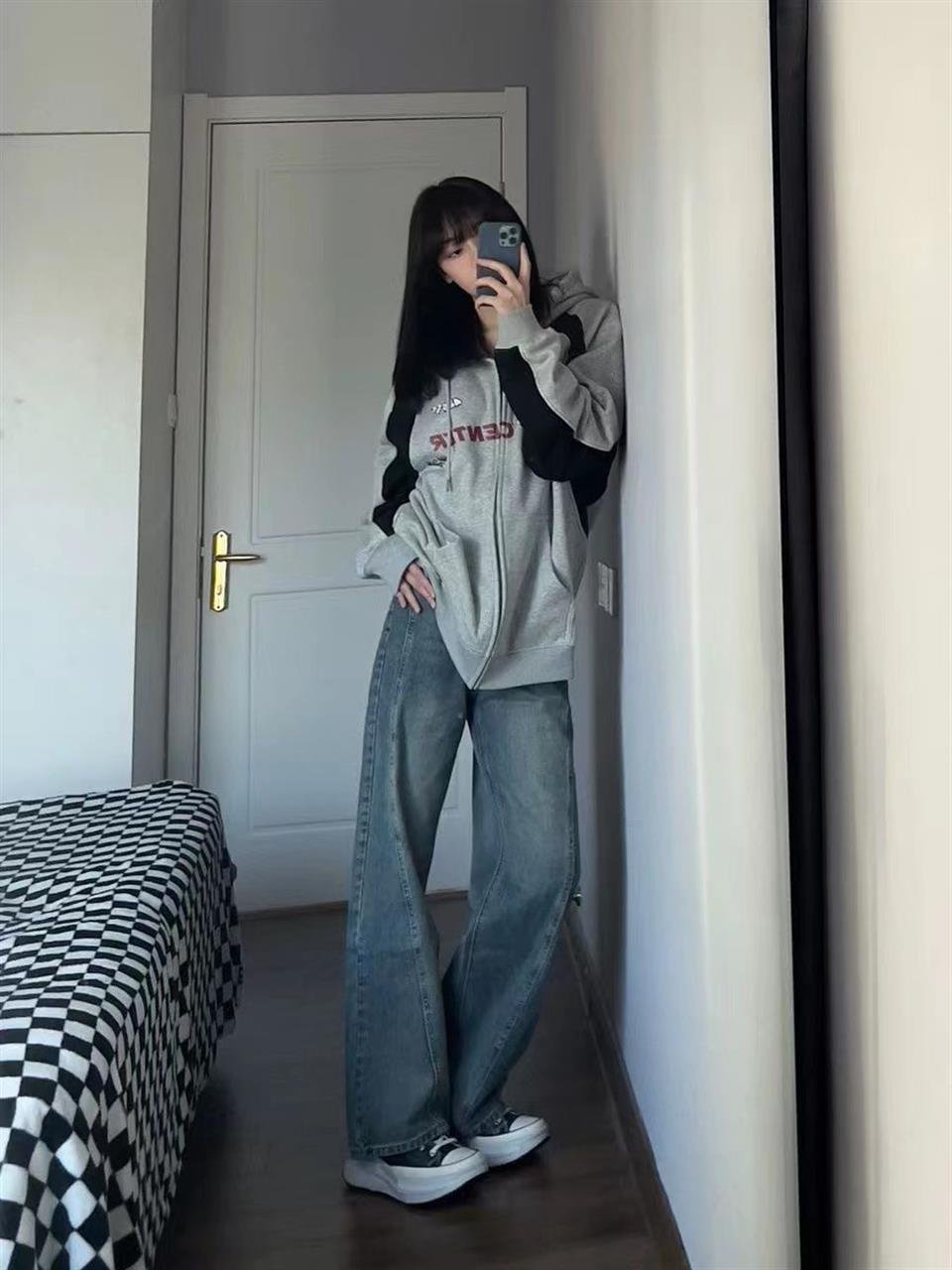Y2K F422 Center Baskılı Line Detail Oversize Fermuarlı Gri Unisex Kapüşonlu Hırka