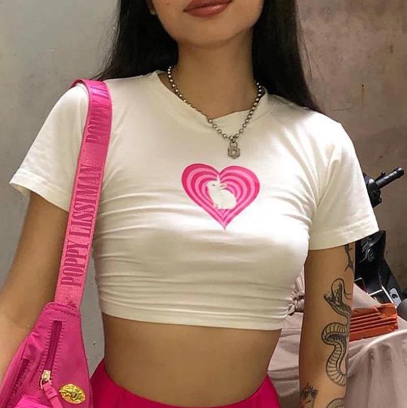 Y2k Love Bunny Baskılı Beyaz Crop 