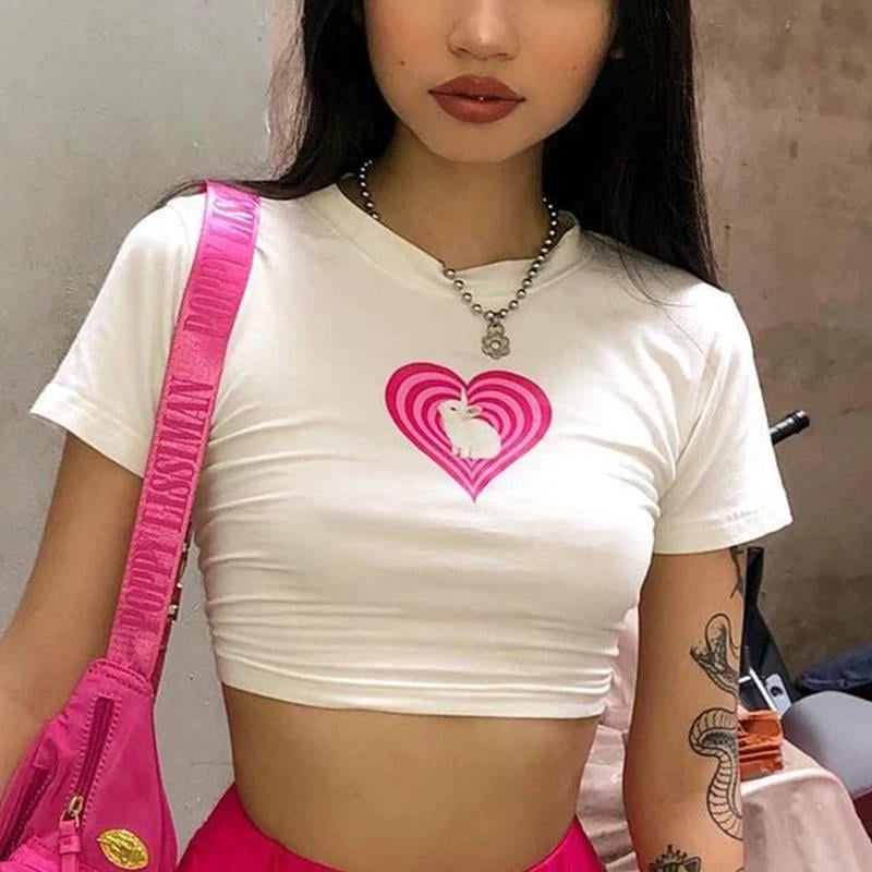 Y2k Love Bunny Baskılı Beyaz Crop 