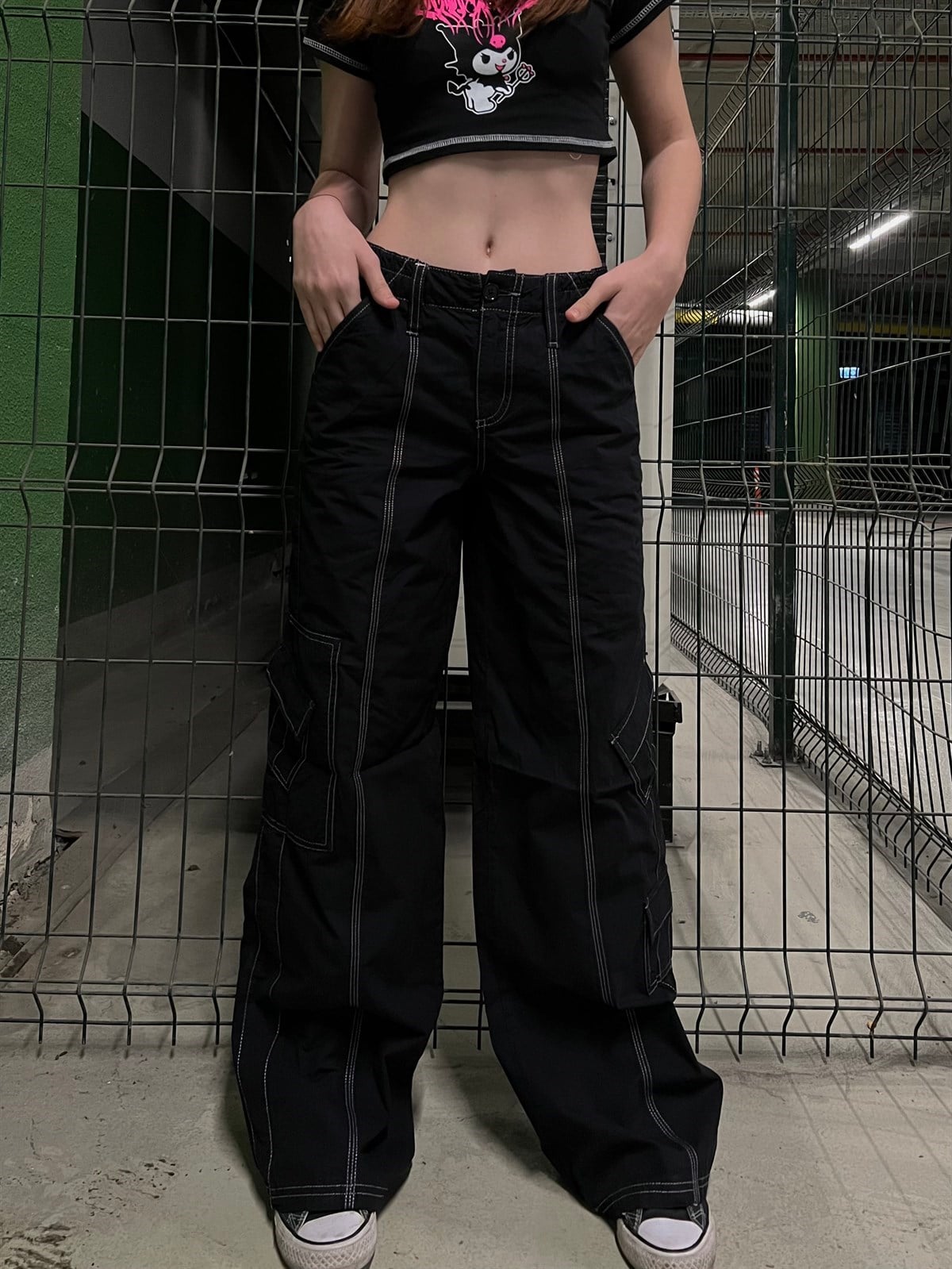Y2K Oversize Ters Dikiş Siyah Kargo Pantolon