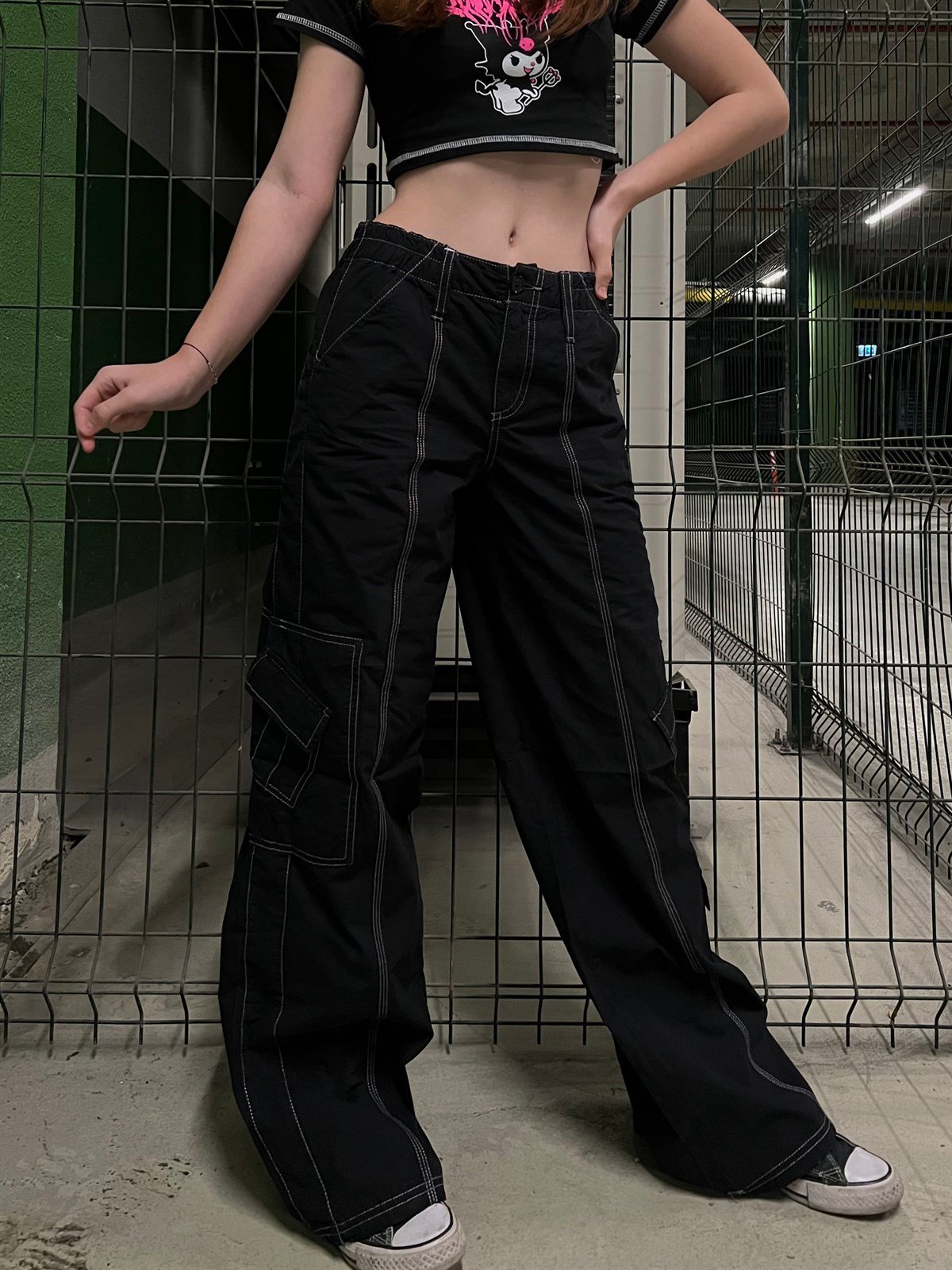 Y2K Oversize Ters Dikiş Siyah Kargo Pantolon