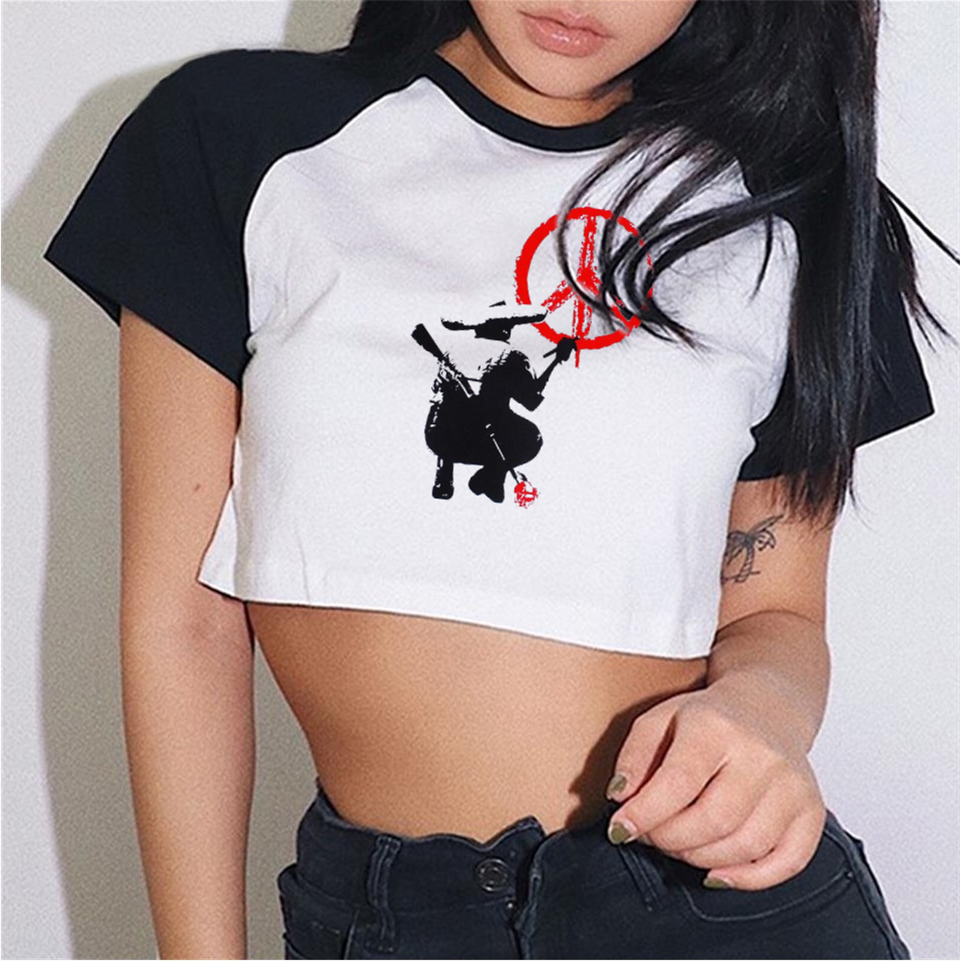 Y2k Peace Man Graffiti Baskılı Reglan Kol Beyaz Crop
